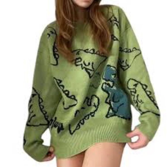 Aelfric Eden Green Dinosaur Cartoon Print Knit Sweater - Size Large - Picture 1 of 14